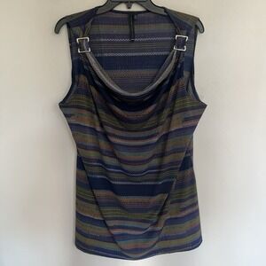 Women's Love Life Live Striped Cowl Neck Buckle Detail Tank Top Size 2XL